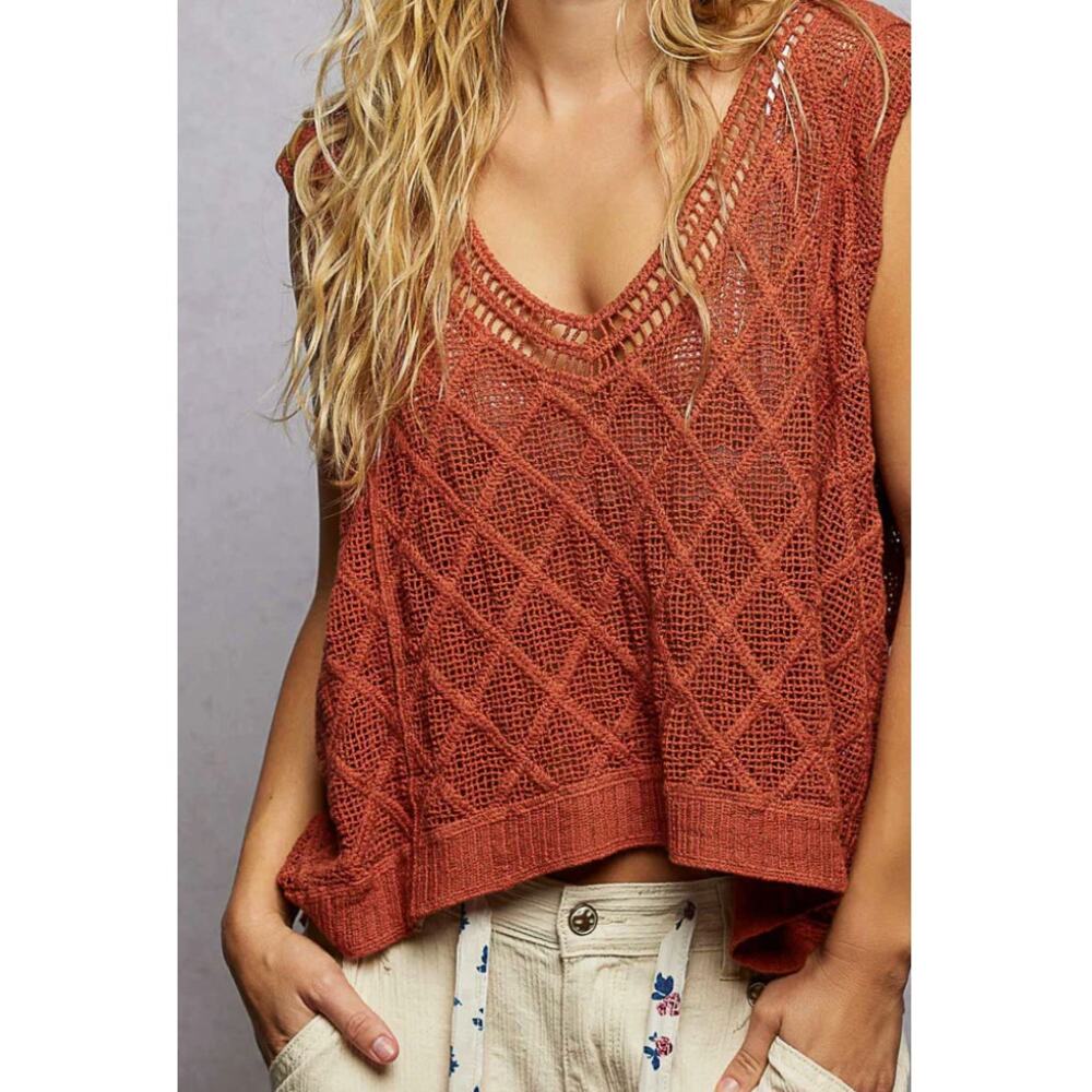 POL Crochet Sweater Vest One Size Rust Boho Open Knit Sleeveless Layering Top